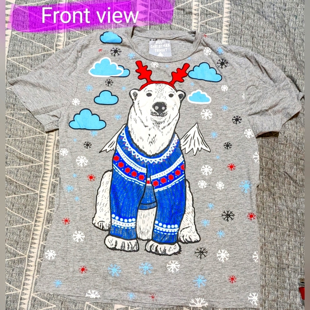 Ugly Christmas T shirt, ladies size LG, cute polar bear design, Good used con.